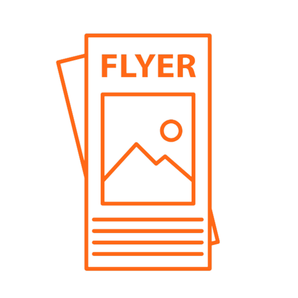 Orange line-art icon of a flyer with an image placeholder and text lines, representing printed promotional materials.